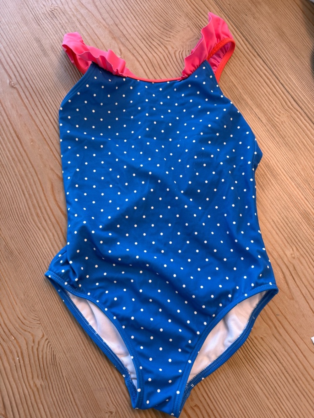 Mini Boden Blue Polka Dot One-Piece Swimsuit with Pink Ruffle Straps size 8:9